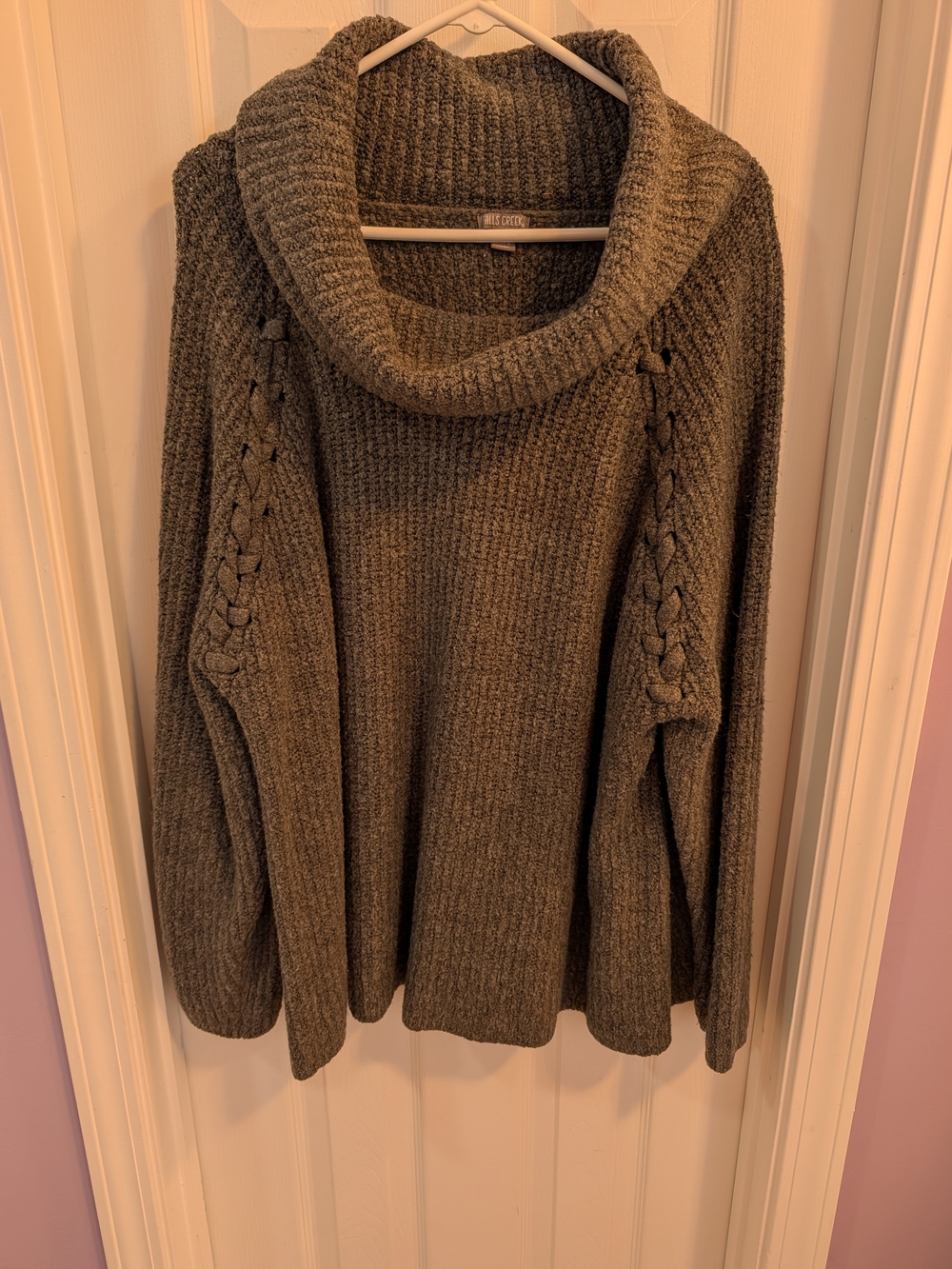 Falls Creek Grey Cowl Neck Sweater with Braided Sleeve Panels
